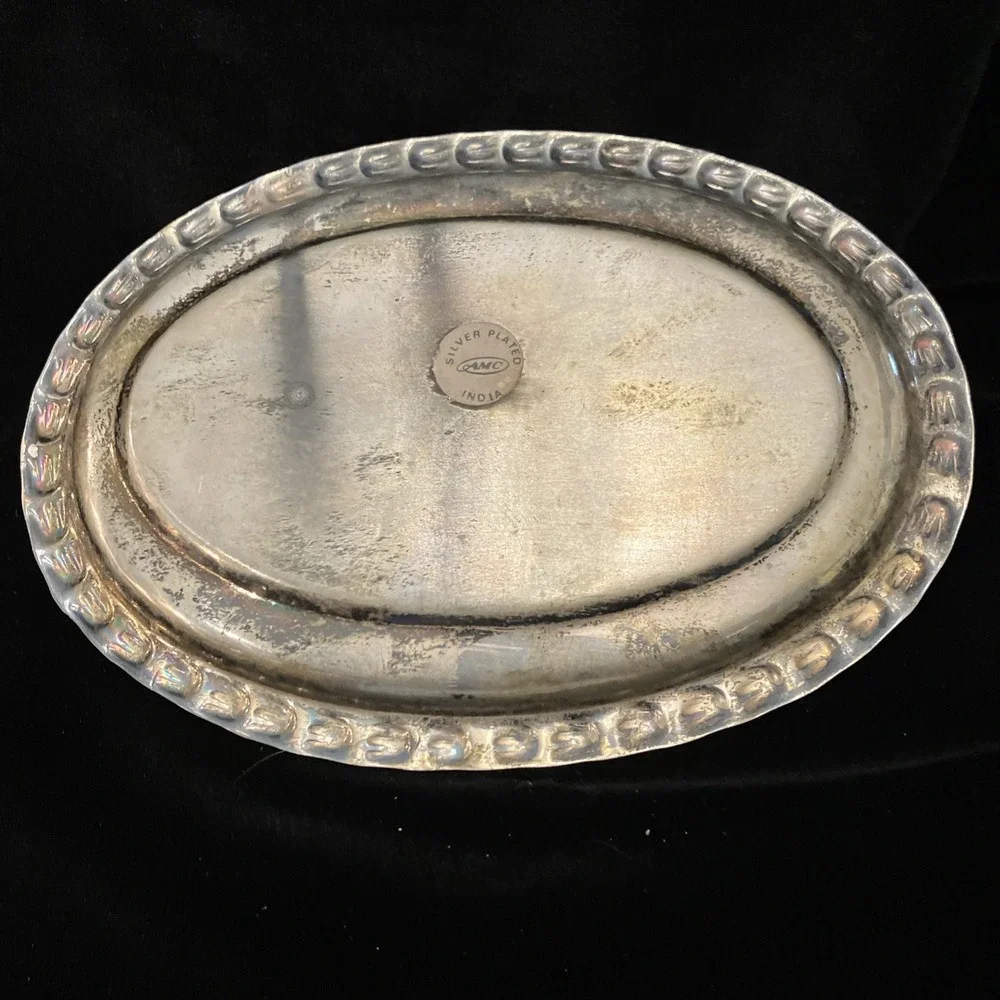 VTG Silver Plate Bread Plate Trinket Tray AMC India Floral Engraved Moradabad
